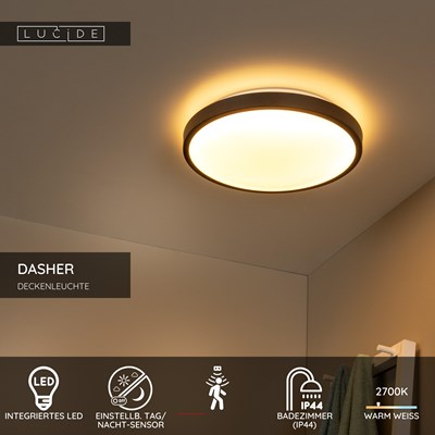 Lucide DASHER - Deckenleuchte Badezimmer - Ø 41 cm - LED - 1x24W 2700K - IP44 - Bewegungssensor - Schwarz